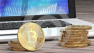 Bitcoin closeup, golden coins, laptop and charts in the background