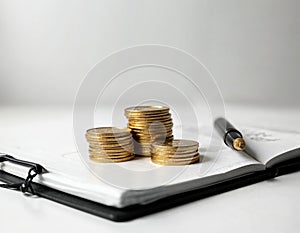 stack of golden bitcoins and pen on notebook with copy space on white background