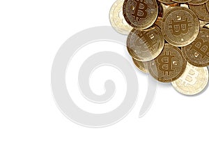 Stack of golden Bitcoins in top-right corner isolated on white and copy space for your text.