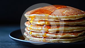 Stack of golden brown pancakes drizzled with maple syrup