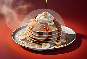 A stack of golden-brown pancakes topped with a drizzle of syrup flowing down the sides.