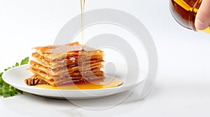 a stack of golden brown pancakes on a white plate, with syrup being poured from a jug