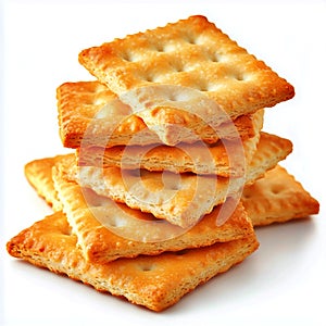 A stack of square crackers with a golden brown color and a grid pattern on a white background