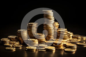 Stack of golden coins on black background. Generative AI