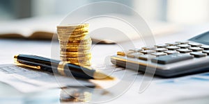 The stack of golden coins with a calculator and pen on paperwork AI generated image