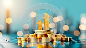 A stack of golden coins is depicted with upward arrows, symbolizing financial growth and prosperity. This scene photo