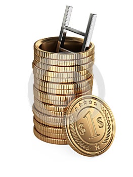 A stack of golden coins with hole, and staircase inside. Mortgages, life on credit. Debentures