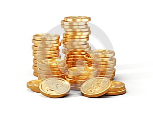 Stack of golden coins isolated on white background. Gold coins, earnings, business concept