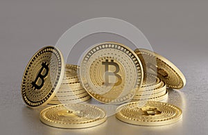 Stack of golden coins on metal floor as example for virtual crypto currency, bitcoin and blockchain technology