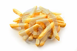 Stack of golden crispy deep fried potato chips photo