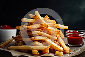 stack of golden french fries, topped with perfect dollop of ketchup