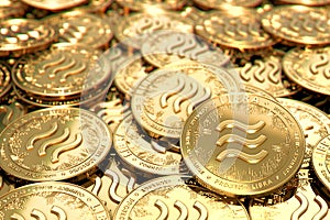 Stack of golden Libra cryptocurrency concept coins in blurry closeup. 3D rendering