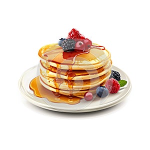 Stack of Golden Pancakes with Berries and Syrup for Breakfast Menus and Recipe Websites