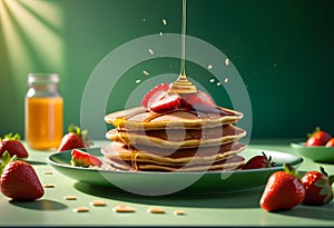 A stack of golden pancakes drizzled with syrup cascading down the sides.