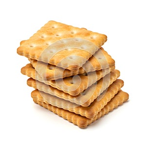 Stack of Golden Square Crackers on White Background