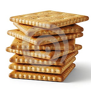 Stack of golden square crackers on white background