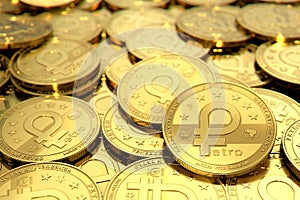 Stack of golden Venezuelan PETRO cryptocurrency concept coins. 3D rendering