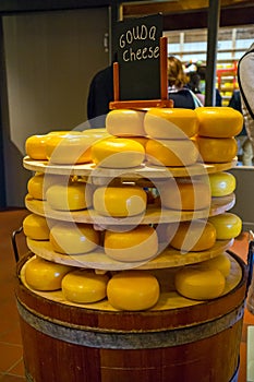 Stack of gouda cheese in a store