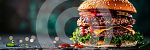 Stack of gourmet burgers with dripping sauce and fresh toppings, merging into a deep green gradient.