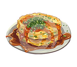 Stack of gourmet pancakes with fresh syrup