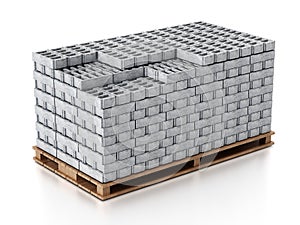 Stack of gray construction bricks standing on wooden base. 3D illustration