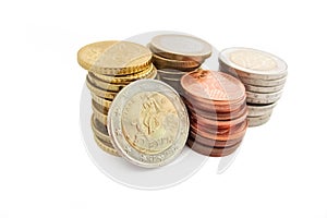 Stack of Greek Euro coins in white background