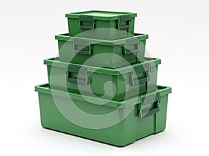 Stack of green plastic containers isolated on white background