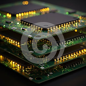 Stack of green printed circuit boards (PCBs) featuring black rectangular integrated