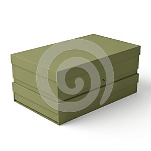 Stack of green storage boxes on white background