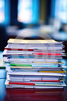 Stack of Group report papers Document clipped in color clips, business, and education concept