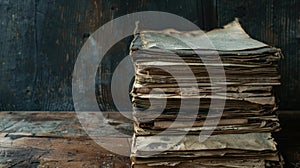 a stack of grungy, rustic brown psalm prayers and Torah law letters on a dark, wooden desk with ample space.