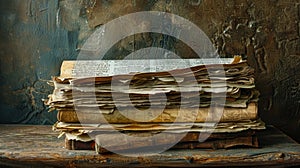 a stack of grungy, rustic brown psalm prayers and Torah law letters on a dark, wooden desk with ample space.