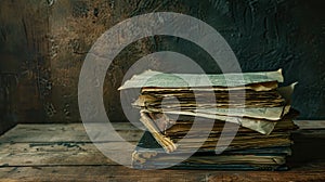 a stack of grungy, rustic brown psalm prayers and Torah law letters on a dark, wooden desk with ample space.