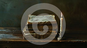 a stack of grungy, rustic brown psalm prayers and Torah law letters on a dark, wooden desk with ample space.