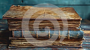 a stack of grungy, rustic brown psalm prayers and Torah law letters on a dark, wooden desk with ample space.