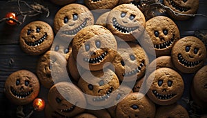 Stack of halloween cookies with evil faces. Generative AI illustrations
