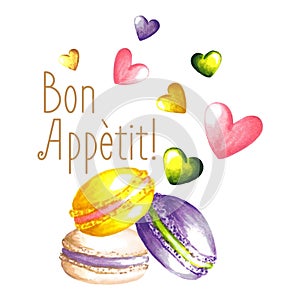 Stack of hand drawn marker macarons and colorful hearts with Bon Appetit text photo