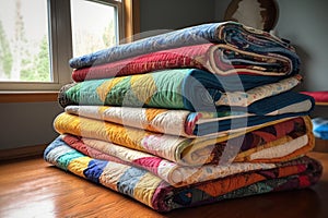 stack of handmade quilts with varying patterns