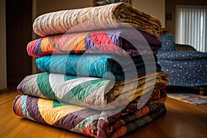 stack of handmade quilts with varying patterns