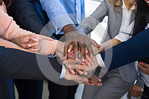 Stack Of Hands, Teamwork Concept, Business People Group Joining Arms In Pile, Diverse Team Of Businesspeople Working