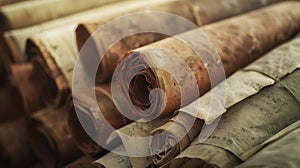 A stack of handwritten scrolls containing ancient Chinese herbal remedies carefully preserved over time