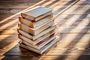 Stack of hardcover books arranged haphazardly viewed from a high angle on a wooden desk or table with copyspace and shadow behind