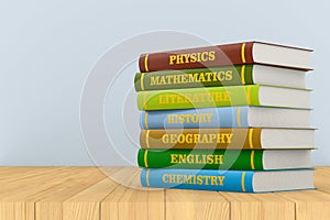 Stack of hardcover text books on wooden surface. 3D illustration