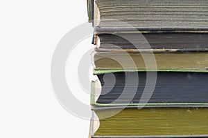 Stack of hardcover vintage books isolated with copy space. White background