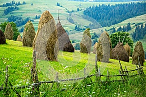 Stack of hay on a mountain meadow on a hillside.