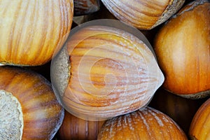 Stack of hazelnuts, macro. View from above.