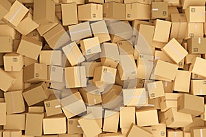 Stack or heap of brown carton cardboard boxes background, freight, delivery or shipping concept, flat lay top view from above