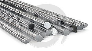 Stack of heavy metal reinforcement bars on the white background. 3d rendering