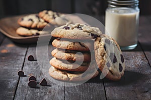 Stack of homemade chocolate chip cookies on wooden table, digitally generated