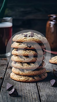 Stack of homemade chocolate chip cookies on wooden table, digitally generated